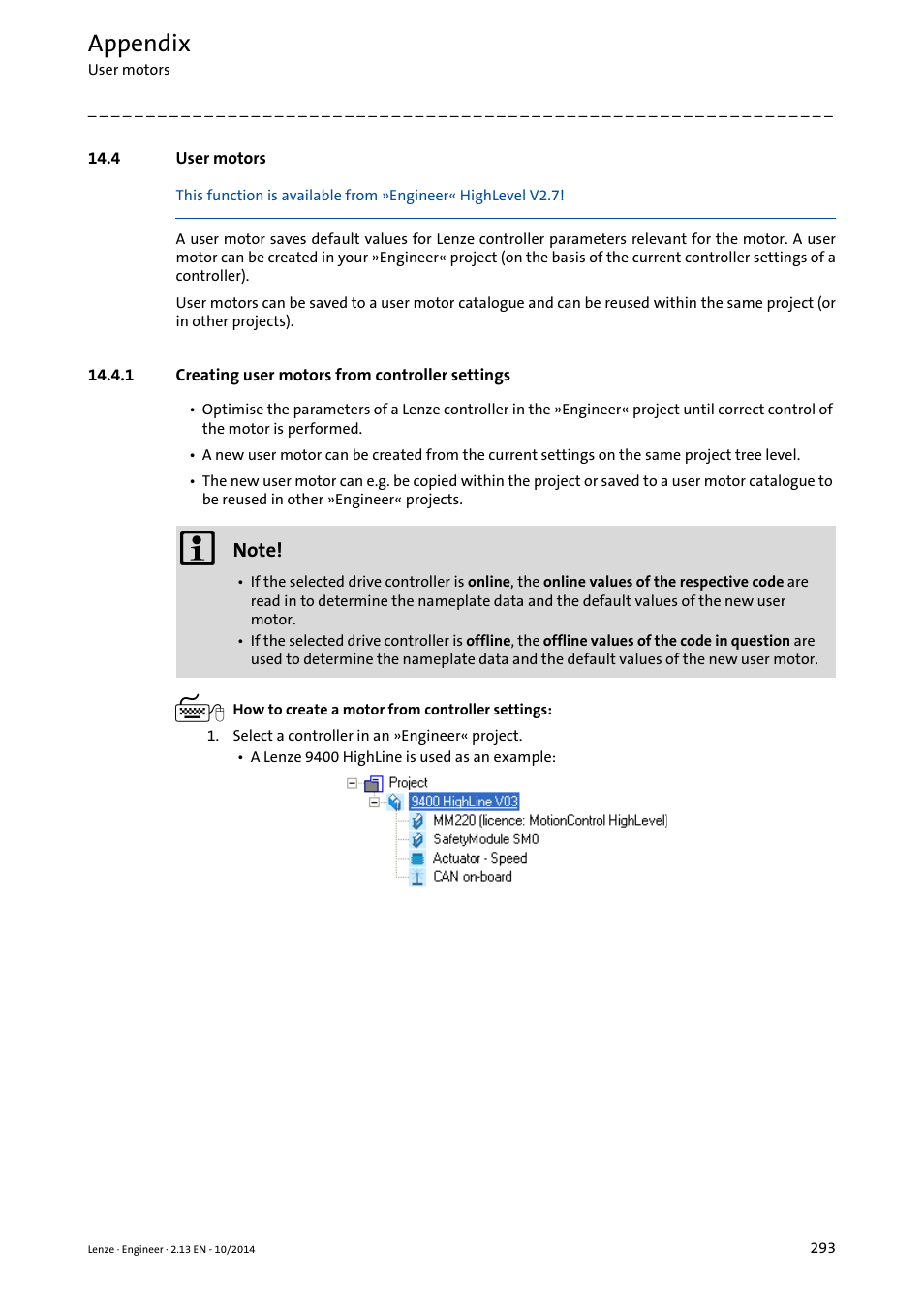 4 user motors, 1 creating user motors from controller settings, User motors | User motors ( 293), Creating user motors from controller settings, Appendix | Lenze Engineer v2.21 User Manual | Page 293 / 312