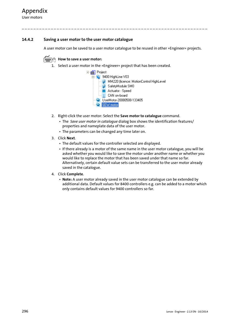 2 saving a user motor to the user motor catalogue, Appendix | Lenze Engineer v2.21 User Manual | Page 296 / 312