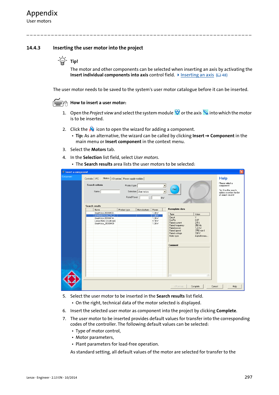 3 inserting the user motor into the project, Appendix | Lenze Engineer v2.21 User Manual | Page 297 / 312