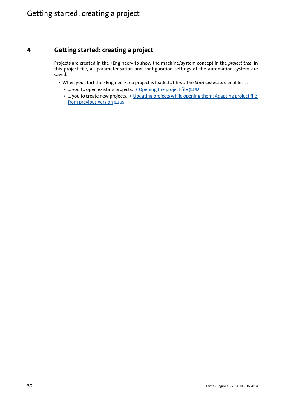 4 getting started: creating a project, Getting started: creating a project, Getting started: creating a project ( 30) | 4getting started: creating a project | Lenze Engineer v2.21 User Manual | Page 30 / 312