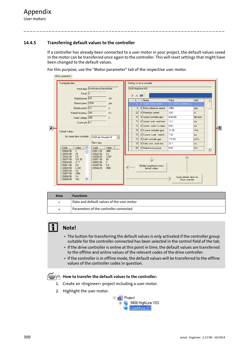 5 transferring default values to the controller, Appendix | Lenze Engineer v2.21 User Manual | Page 300 / 312