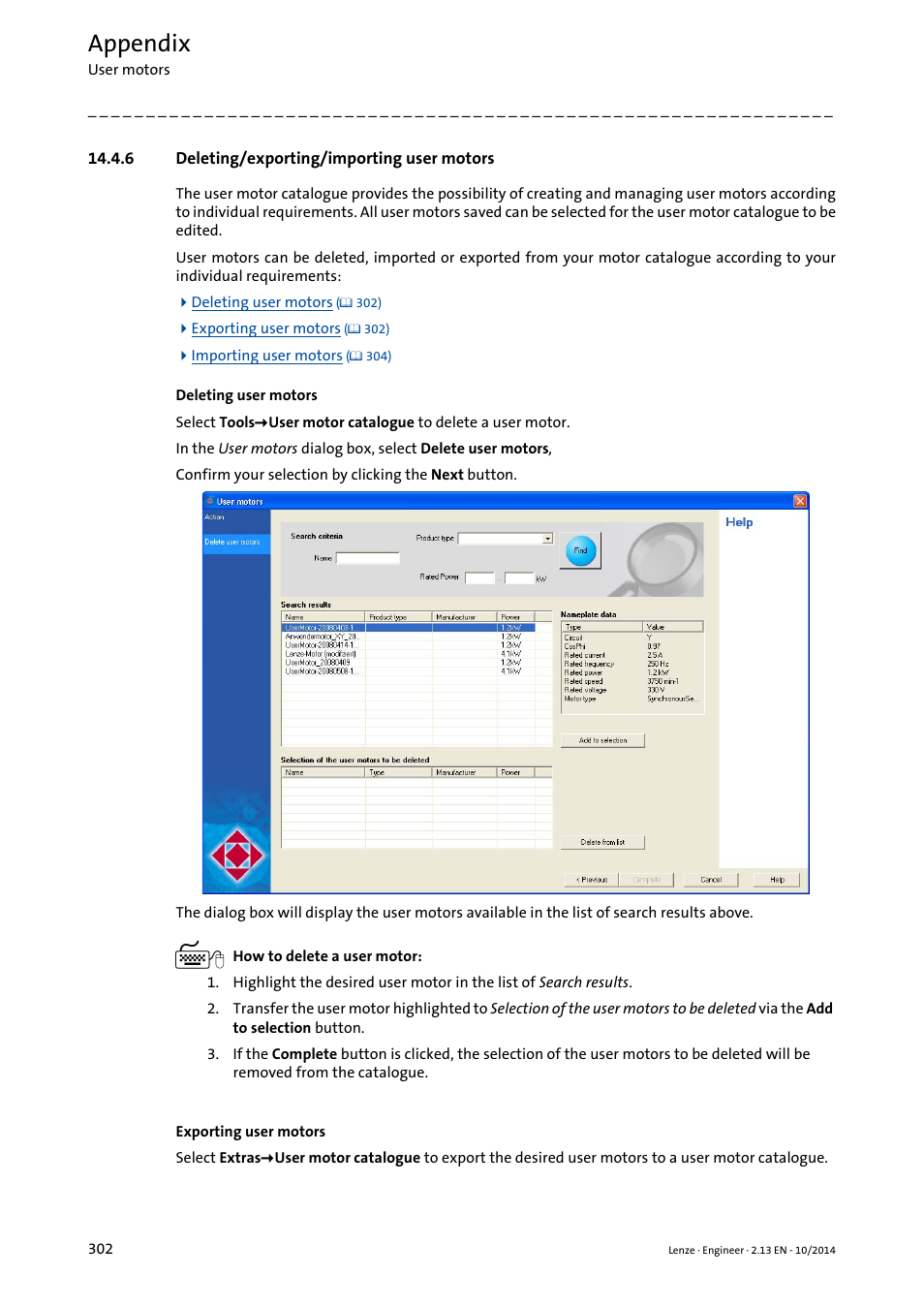 6 deleting/exporting/importing user motors, Appendix | Lenze Engineer v2.21 User Manual | Page 302 / 312