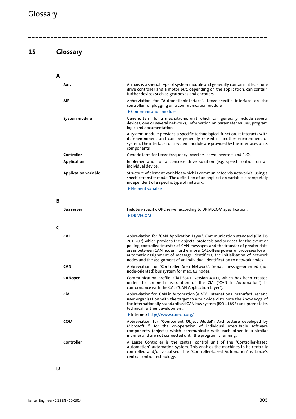15 glossary, Glossary | Lenze Engineer v2.21 User Manual | Page 305 / 312