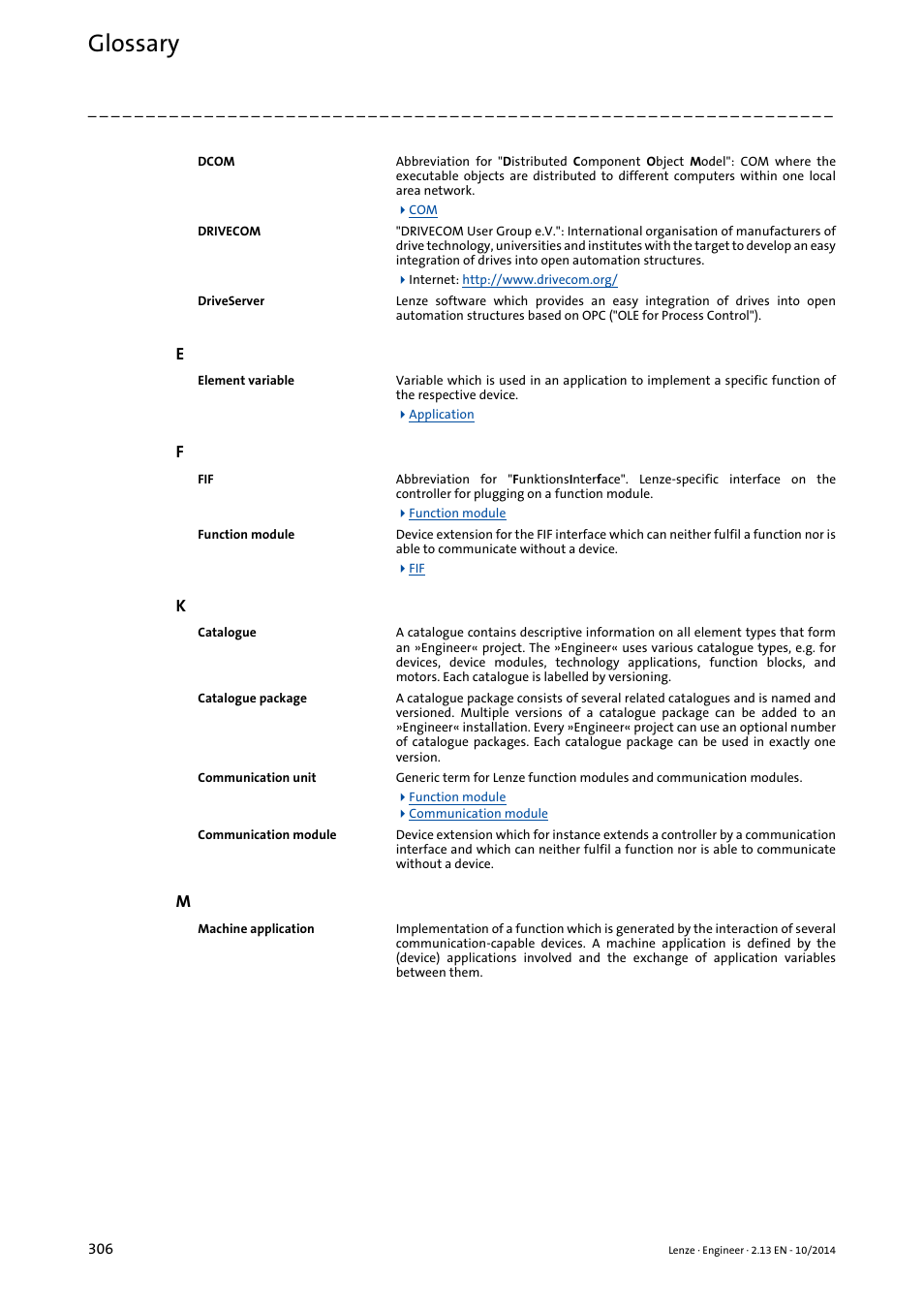 Communication module, Element variable, Drivecom | Glossary | Lenze Engineer v2.21 User Manual | Page 306 / 312