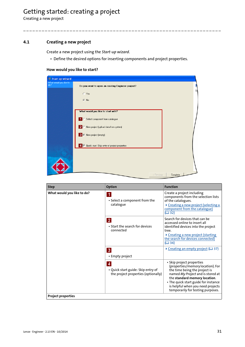 1 creating a new project, Creating a new project, Getting started: creating a project | Lenze Engineer v2.21 User Manual | Page 31 / 312