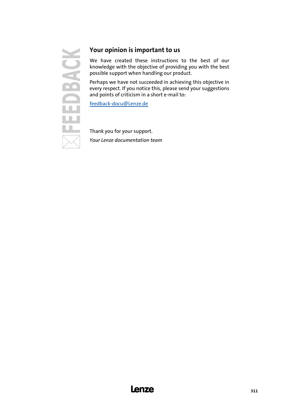 Your opinion is important to us | Lenze Engineer v2.21 User Manual | Page 311 / 312