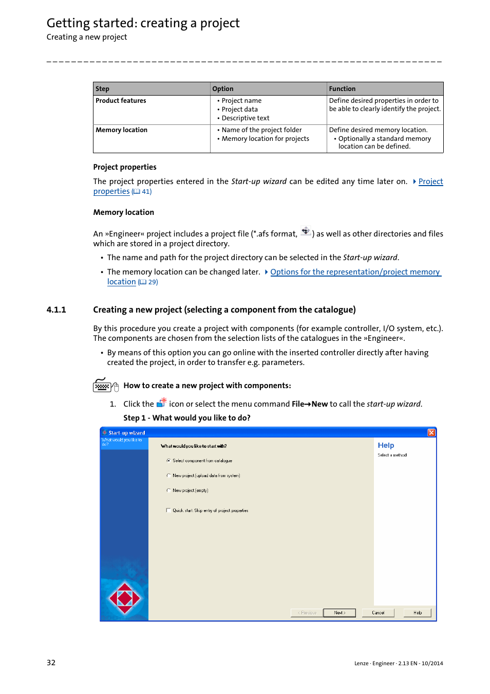 Creating a new project (selecting a, Component from the catalogue), Getting started: creating a project | Lenze Engineer v2.21 User Manual | Page 32 / 312