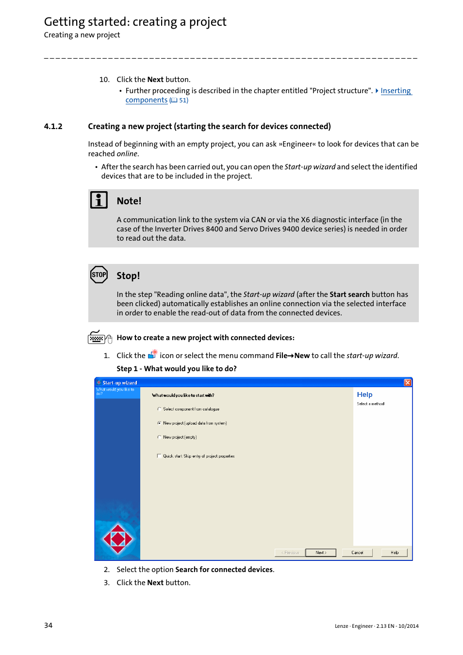 Creating a new project (starting, The search for devices connected), Getting started: creating a project | Lenze Engineer v2.21 User Manual | Page 34 / 312