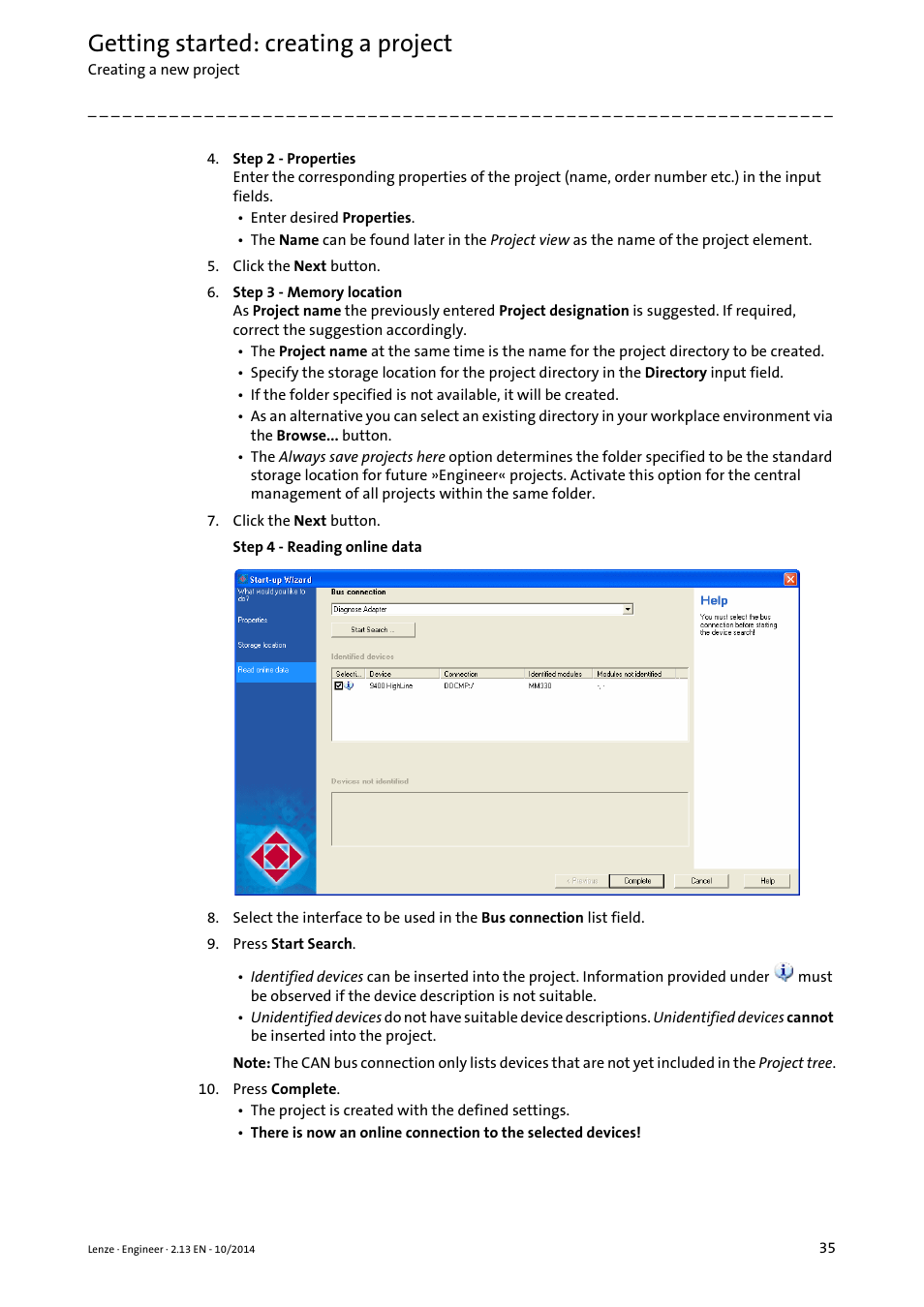 Getting started: creating a project | Lenze Engineer v2.21 User Manual | Page 35 / 312