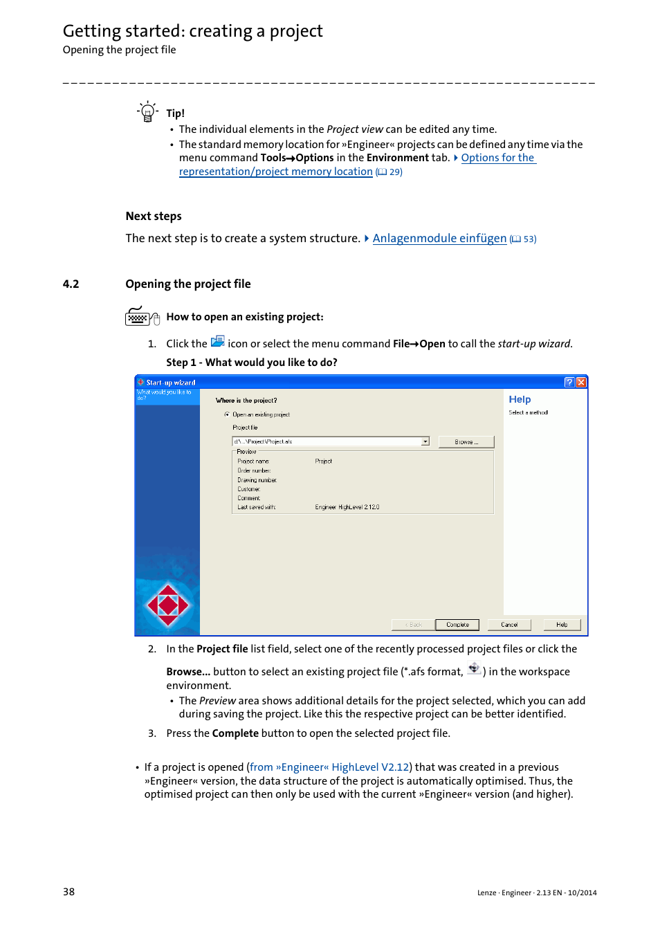 2 opening the project file, Opening the project file, Opening the project file ( 38) | Getting started: creating a project | Lenze Engineer v2.21 User Manual | Page 38 / 312