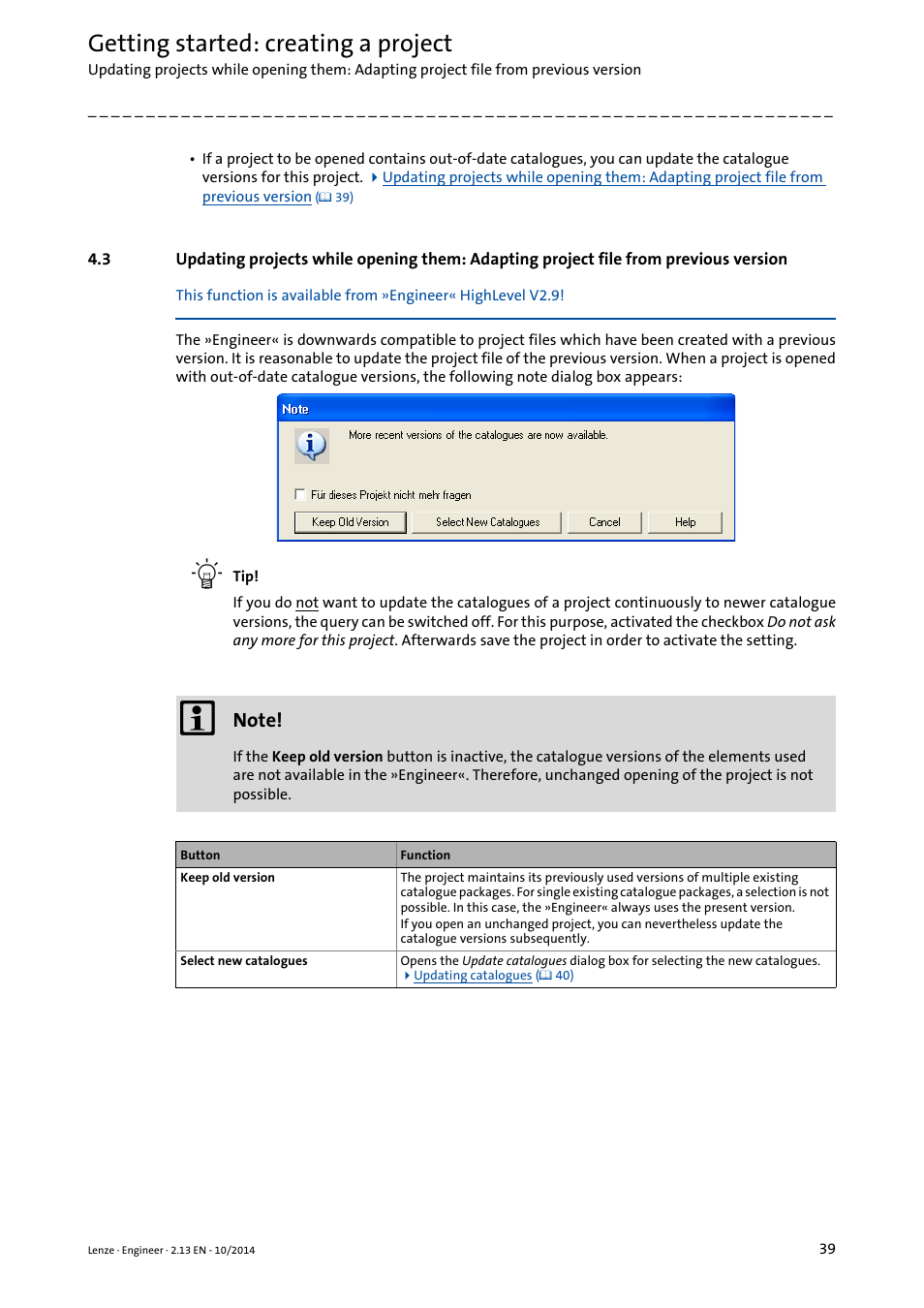 File from previous version, From previous version, Getting started: creating a project | Lenze Engineer v2.21 User Manual | Page 39 / 312