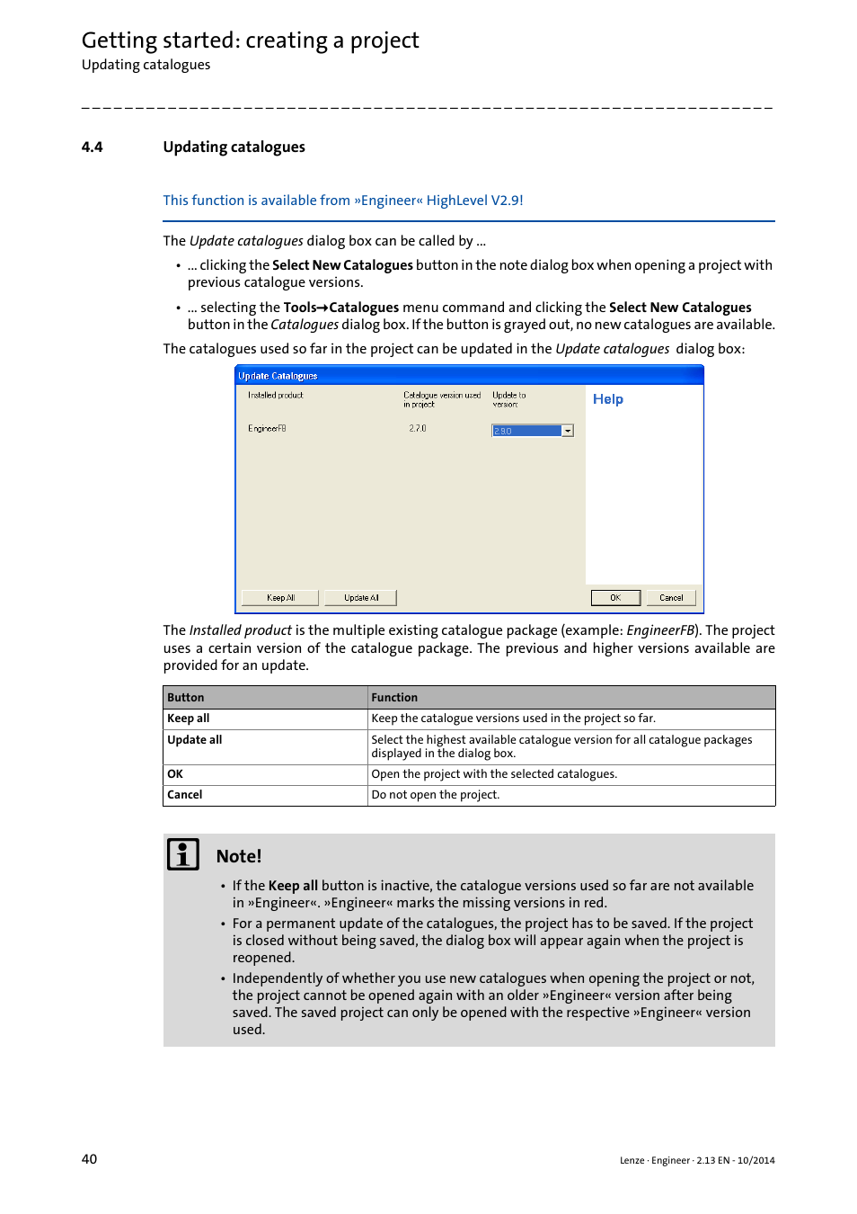 4 updating catalogues, Updating catalogues, Updating catalogues ( 40) | Getting started: creating a project | Lenze Engineer v2.21 User Manual | Page 40 / 312