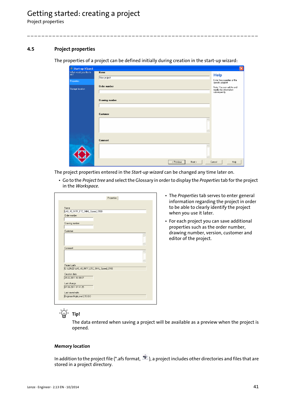 5 project properties, Project properties, Ed any time later on | Project, Properties, Getting started: creating a project | Lenze Engineer v2.21 User Manual | Page 41 / 312