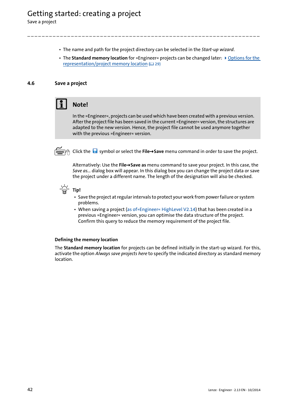 6 save a project, Save a project, Save a project ( 42) | Getting started: creating a project | Lenze Engineer v2.21 User Manual | Page 42 / 312