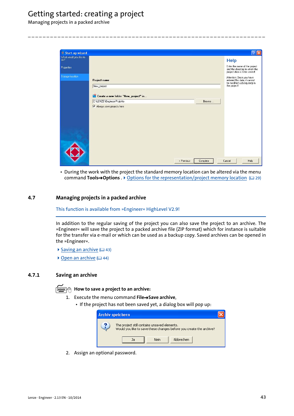 7 managing projects in a packed archive, 1 saving an archive, Managing projects in a packed archive | Saving an archive, Getting started: creating a project | Lenze Engineer v2.21 User Manual | Page 43 / 312