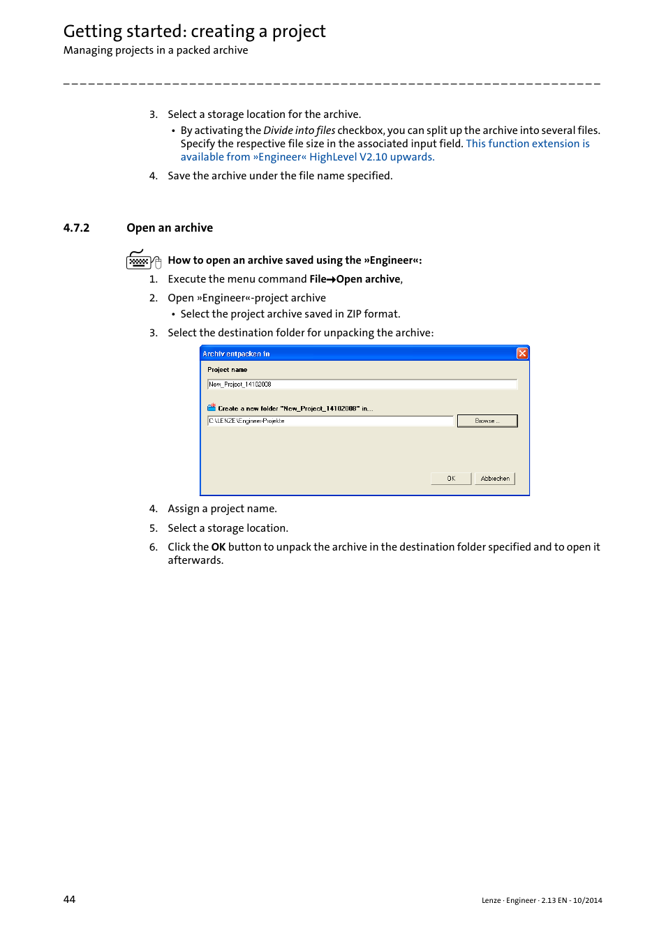 2 open an archive, Open an archive, Getting started: creating a project | Lenze Engineer v2.21 User Manual | Page 44 / 312