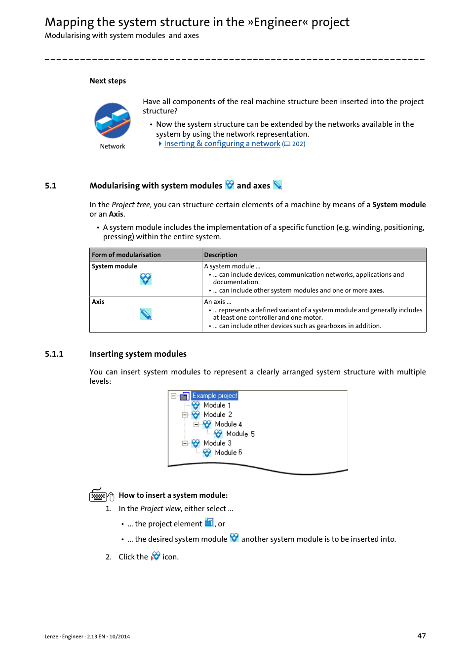 1 modularising with system modules and axes, 1 inserting system modules, Modularising with system modules and axes | Inserting system modules, Inserting system modules ( 47), Modularising with system modules and axes ( 47) | Lenze Engineer v2.21 User Manual | Page 47 / 312