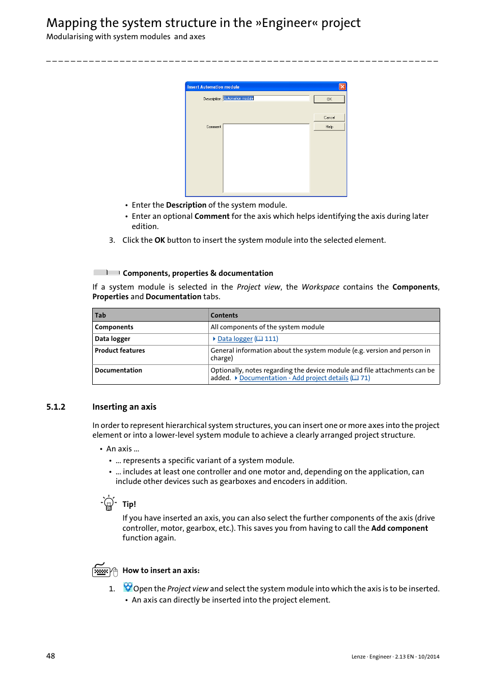 2 inserting an axis, Inserting an axis, Inserting an axis ( 48) | Lenze Engineer v2.21 User Manual | Page 48 / 312