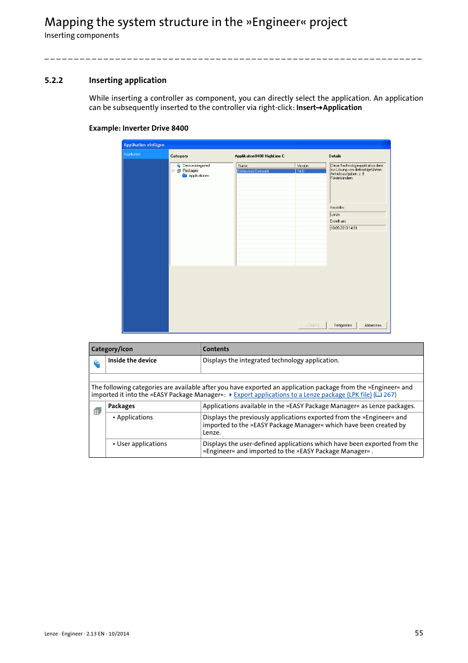 2 inserting application, Inserting application, Inserting application ( 55) | Lenze Engineer v2.21 User Manual | Page 55 / 312