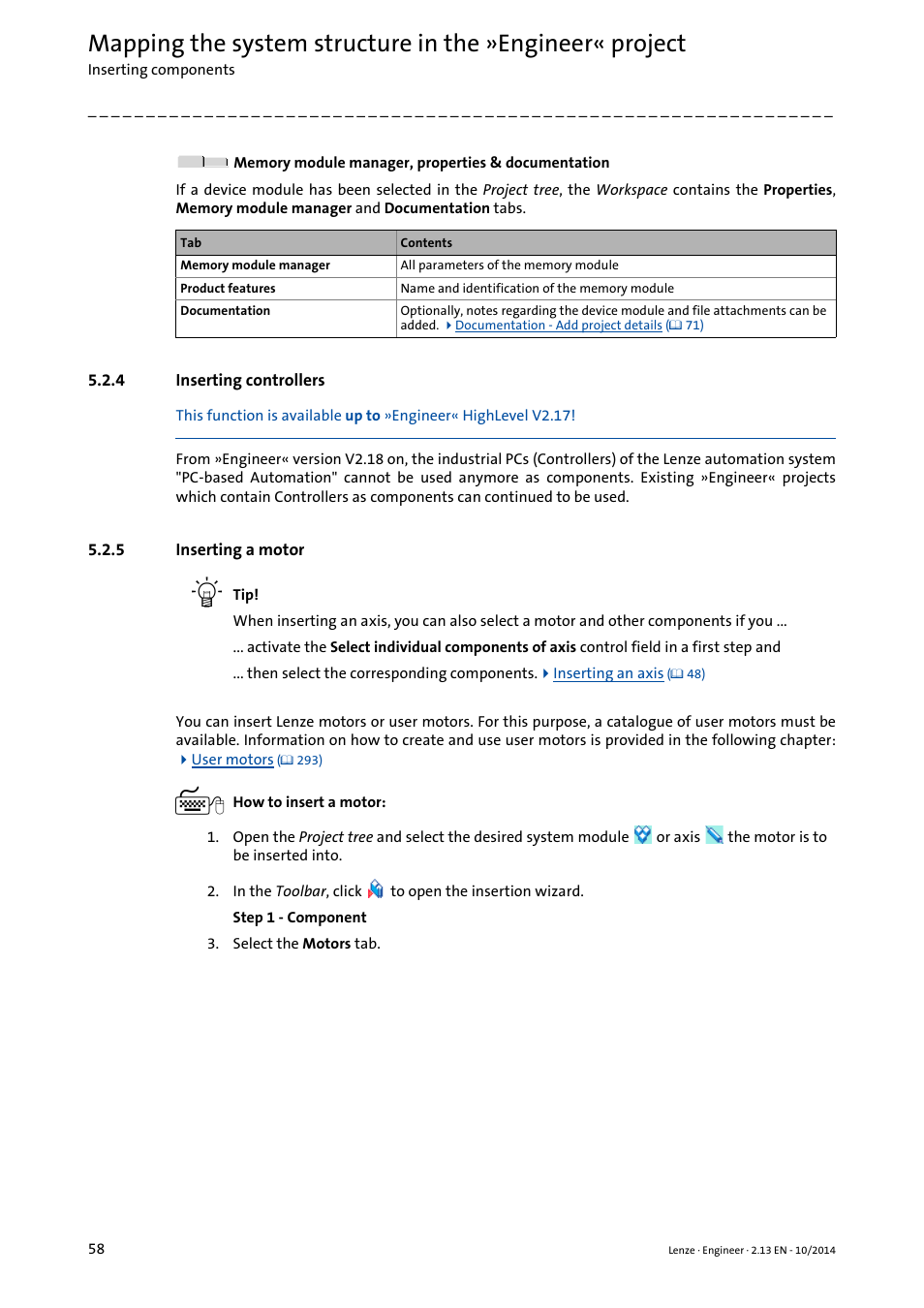 4 inserting controllers, 5 inserting a motor, Inserting controllers | Inserting a motor, Inserting a motor ( 58) | Lenze Engineer v2.21 User Manual | Page 58 / 312