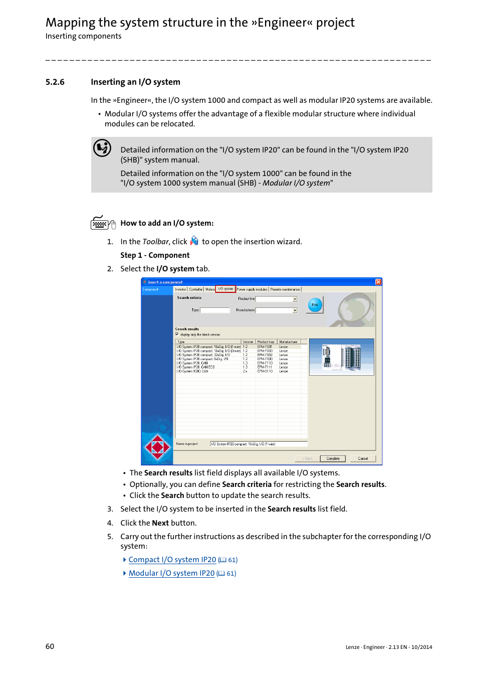 6 inserting an i/o system, Inserting an i/o system, Inserting an i/o system ( 60) | Lenze Engineer v2.21 User Manual | Page 60 / 312