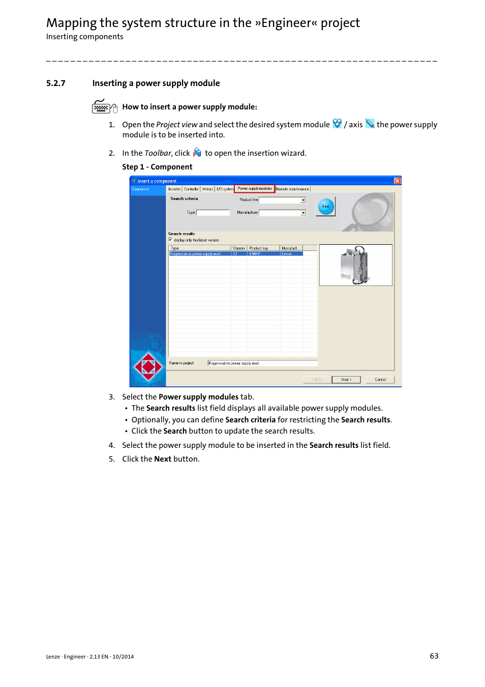 7 inserting a power supply module, Inserting a power supply module | Lenze Engineer v2.21 User Manual | Page 63 / 312