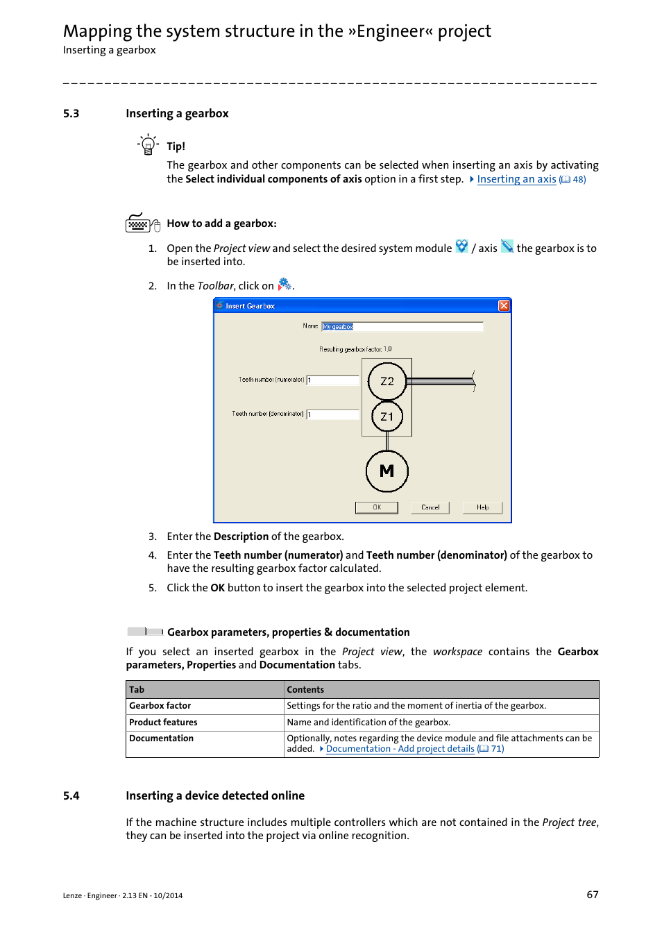 3 inserting a gearbox, 4 inserting a device detected online, Inserting a gearbox | Inserting a device detected online, Inserting a gearbox ( 67), Inserting a device detected online ( 67) | Lenze Engineer v2.21 User Manual | Page 67 / 312