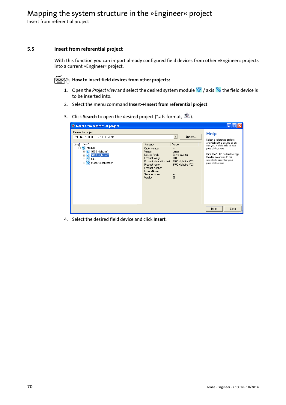 5 insert from referential project, Insert from referential project, Insert from referential project ( 70) | Lenze Engineer v2.21 User Manual | Page 70 / 312