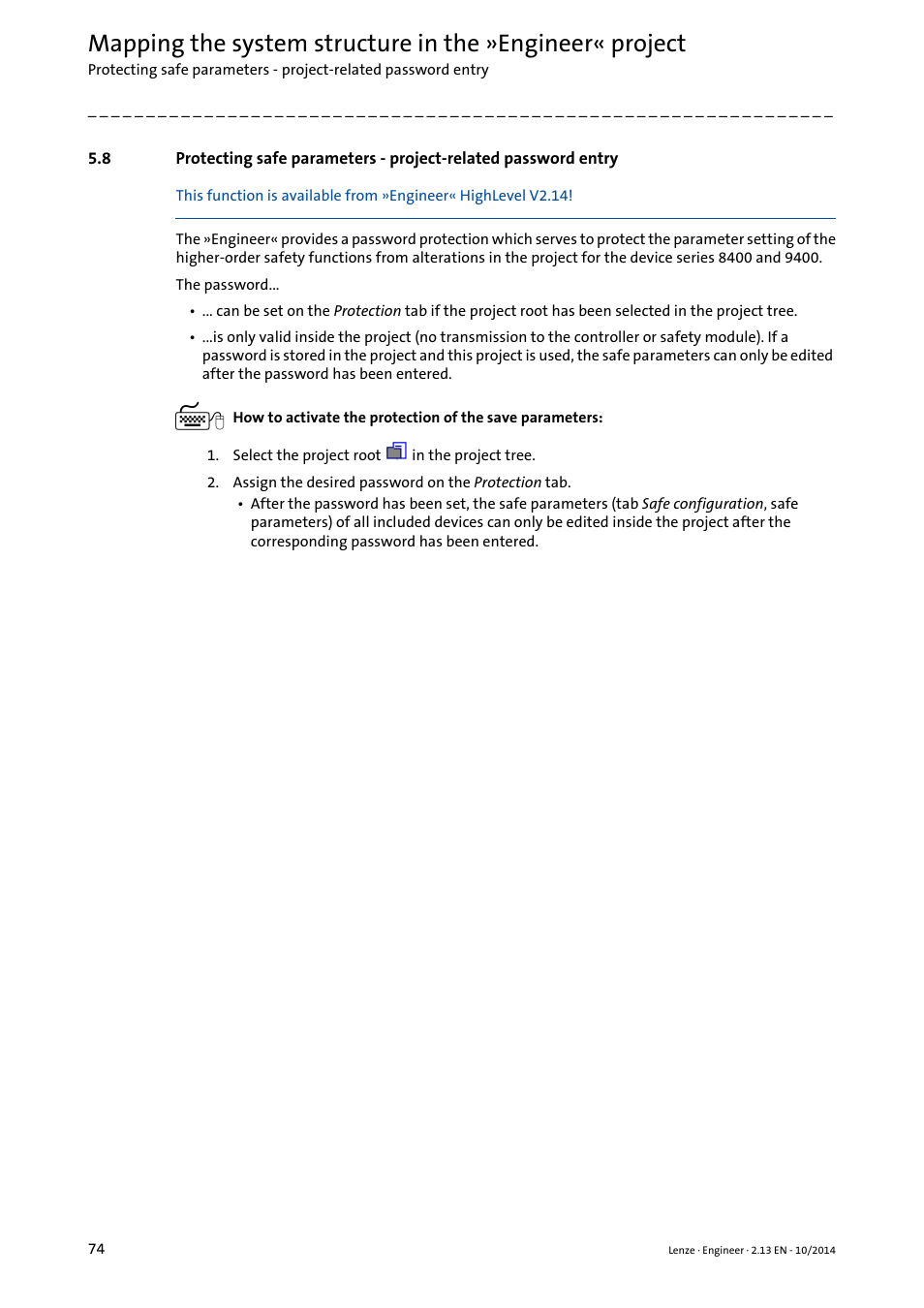 Protecting safe parameters, Project-related password entry ( 74) | Lenze Engineer v2.21 User Manual | Page 74 / 312