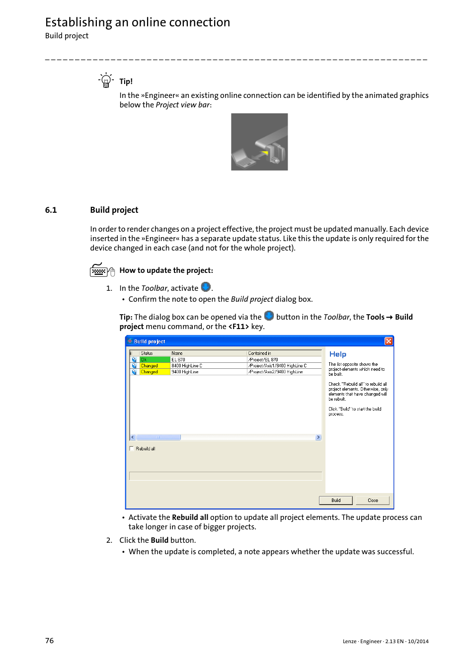 1 build project, Build project, Build project ( 76) | Establishing an online connection | Lenze Engineer v2.21 User Manual | Page 76 / 312