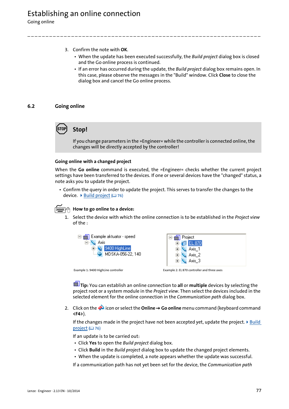 2 going online, Going online, Going online ( 77) | Establishing an online connection, Stop | Lenze Engineer v2.21 User Manual | Page 77 / 312