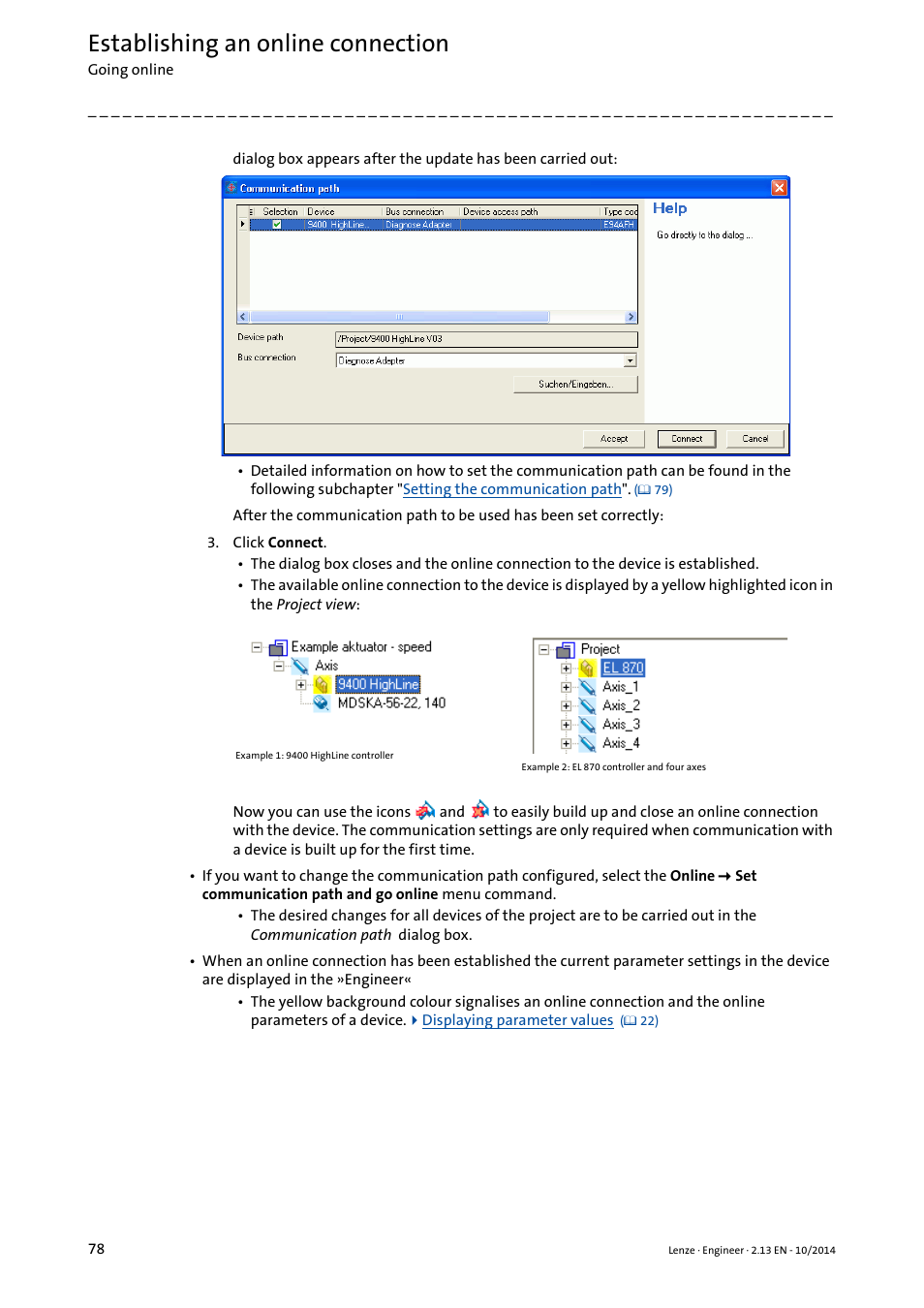 Establishing an online connection | Lenze Engineer v2.21 User Manual | Page 78 / 312