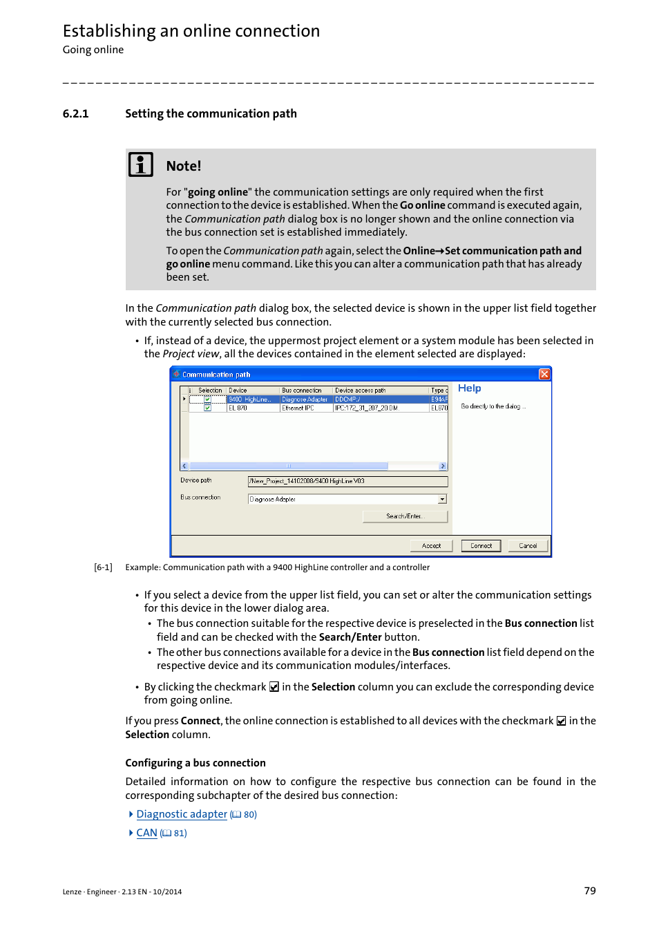 1 setting the communication path, Setting the communication path, Setting the communication path ( 79) | Pter, Establishing an online connection | Lenze Engineer v2.21 User Manual | Page 79 / 312