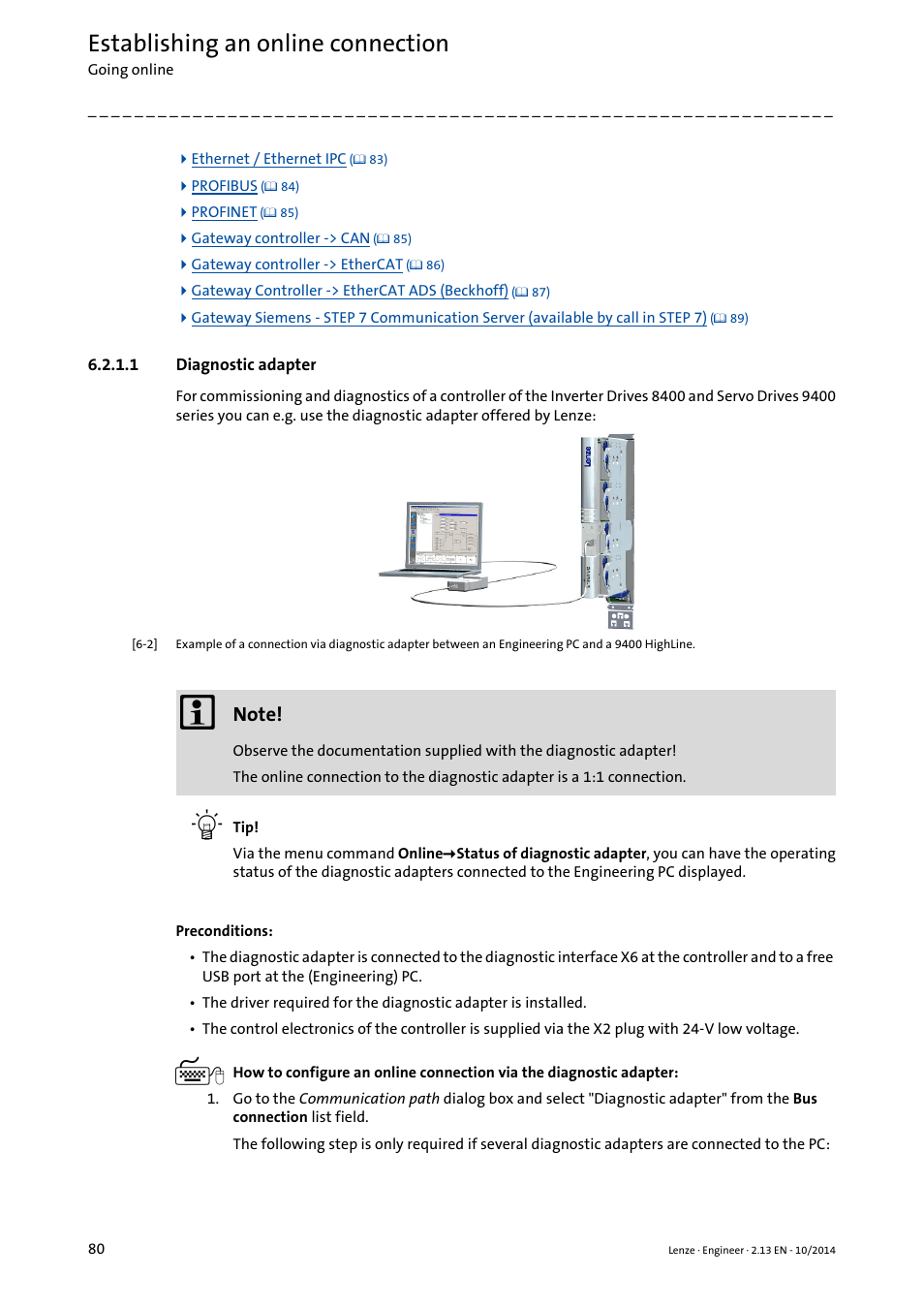 1 diagnostic adapter, Diagnostic adapter, Diagnostic adapter ( 80) | Establishing an online connection | Lenze Engineer v2.21 User Manual | Page 80 / 312
