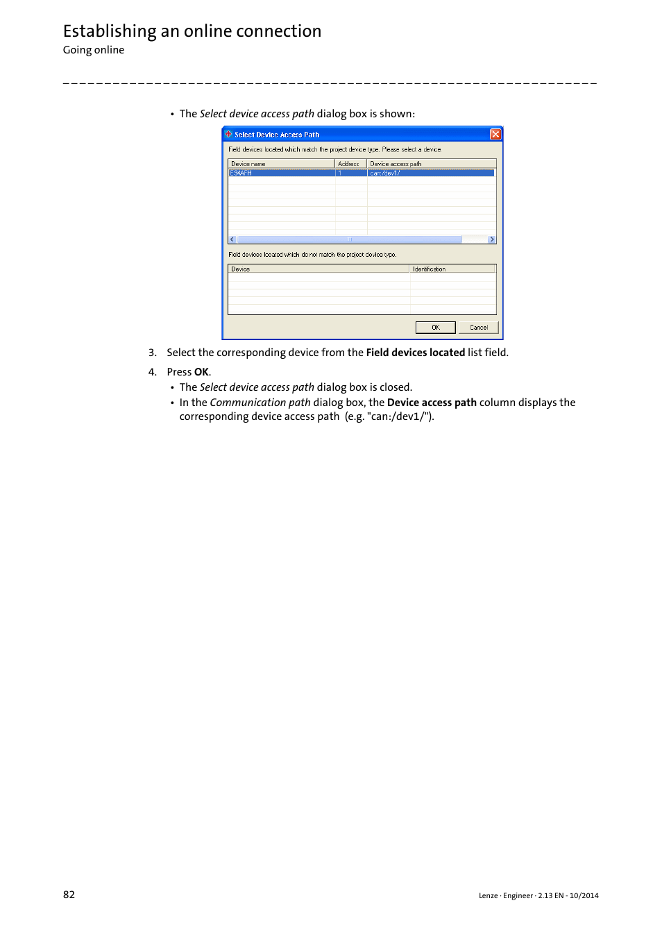 Establishing an online connection | Lenze Engineer v2.21 User Manual | Page 82 / 312