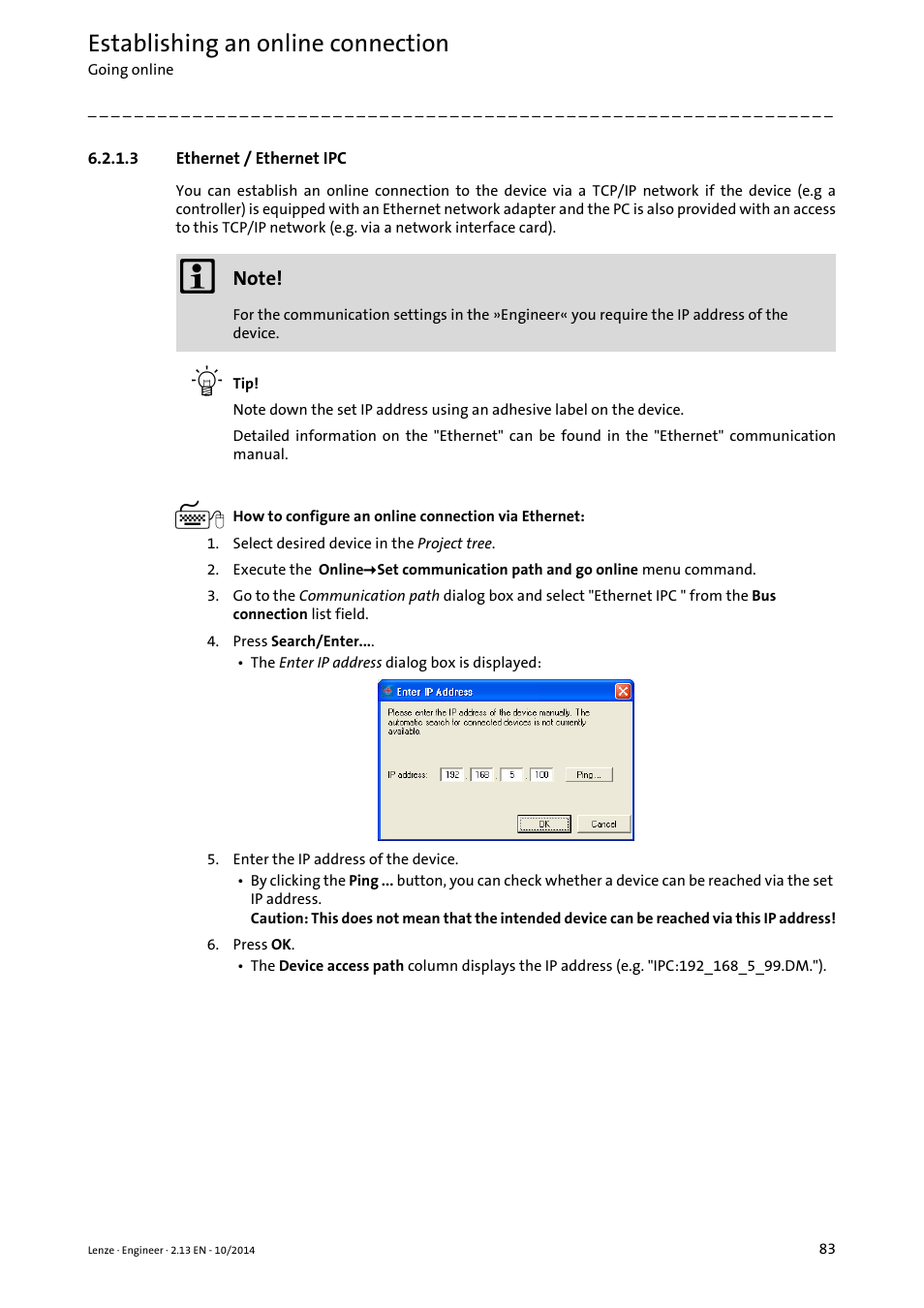 3 ethernet / ethernet ipc, Ethernet / ethernet ipc, Ethernet / ethernet ipc ( 83) | Establishing an online connection | Lenze Engineer v2.21 User Manual | Page 83 / 312