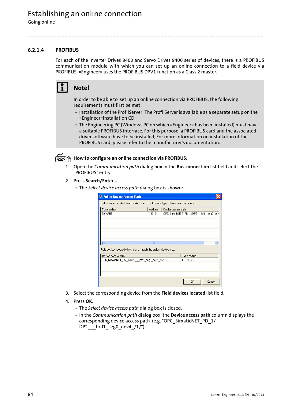 4 profibus, Profibus, Profibus ( 84) | Establishing an online connection | Lenze Engineer v2.21 User Manual | Page 84 / 312