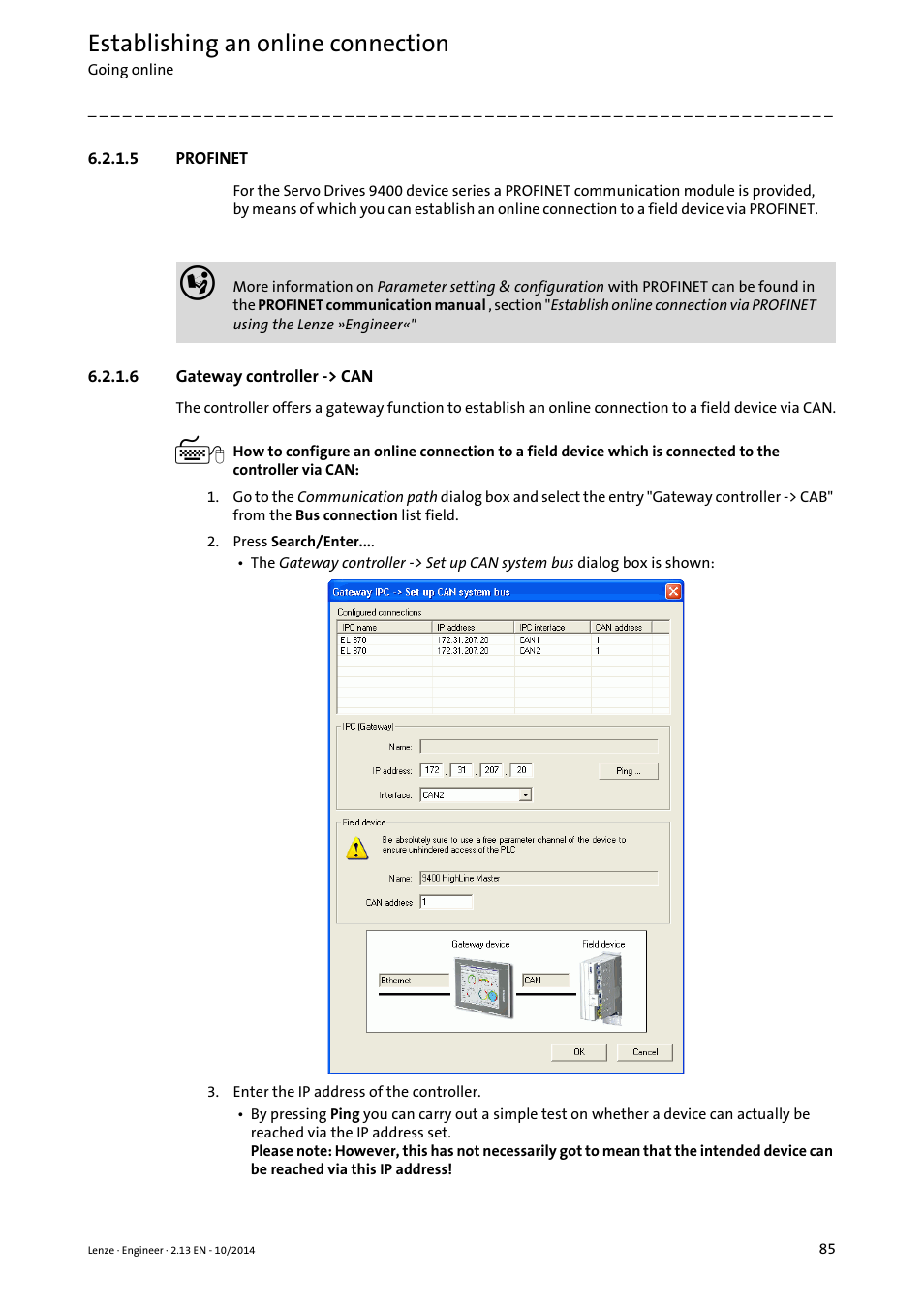 5 profinet, 6 gateway controller -> can, Profinet | Gateway controller -> can, Profinet ( 85), Gateway controller -> can ( 85), Establishing an online connection | Lenze Engineer v2.21 User Manual | Page 85 / 312