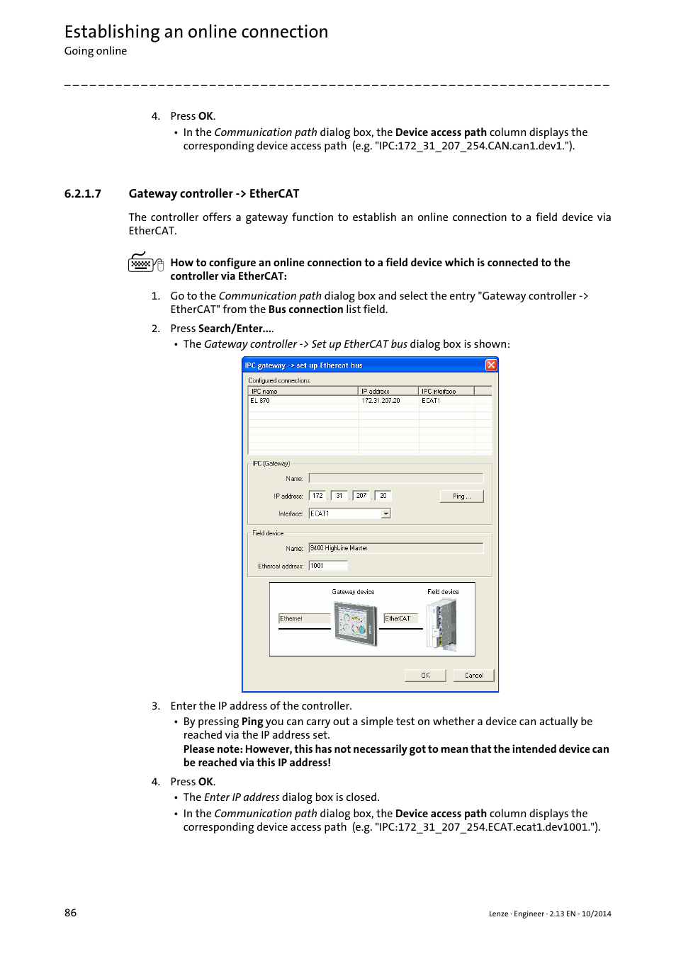 7 gateway controller -> ethercat, Gateway controller -> ethercat, Gateway controller -> ethercat ( 86) | Establishing an online connection | Lenze Engineer v2.21 User Manual | Page 86 / 312