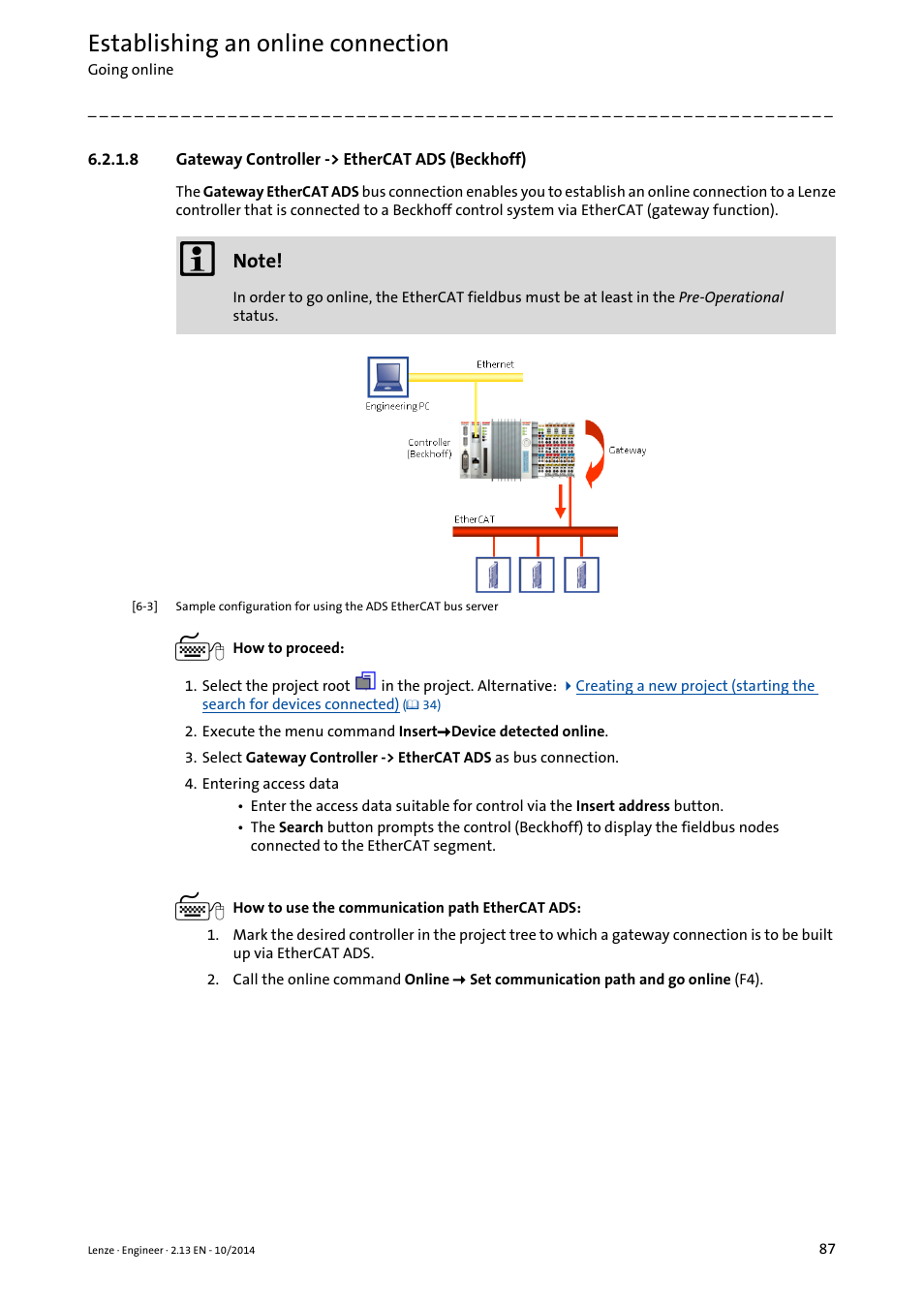 8 gateway controller -> ethercat ads (beckhoff), Gateway controller -> ethercat ads (beckhoff), Establishing an online connection | Lenze Engineer v2.21 User Manual | Page 87 / 312