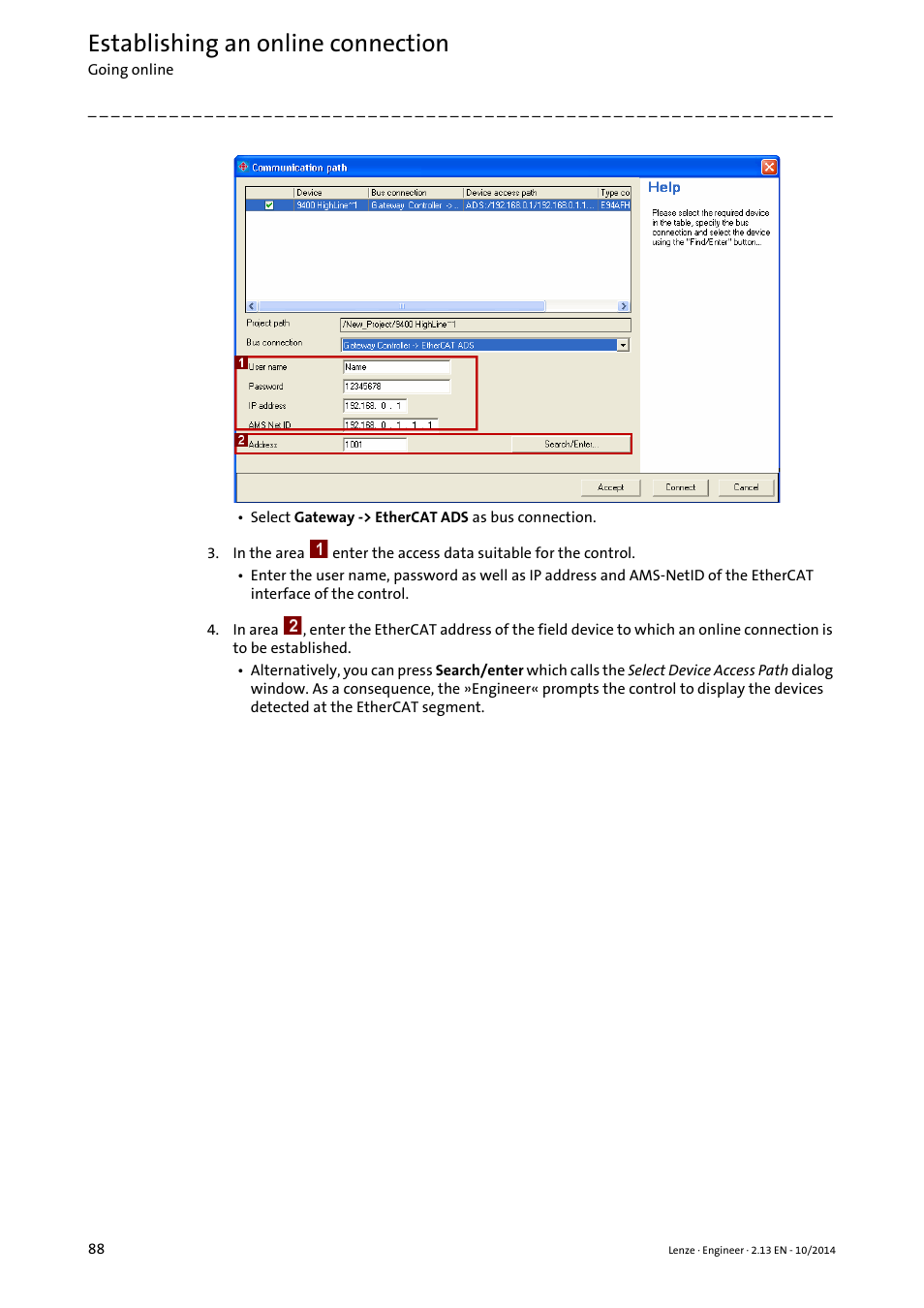 Establishing an online connection | Lenze Engineer v2.21 User Manual | Page 88 / 312