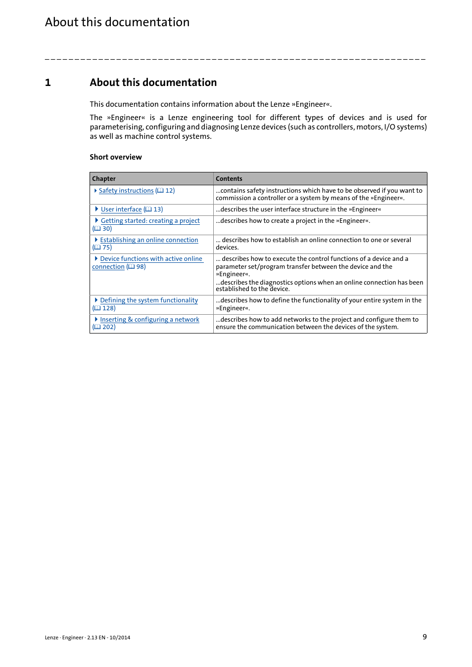 1 about this documentation, About this documentation, 1about this documentation | Lenze Engineer v2.21 User Manual | Page 9 / 312