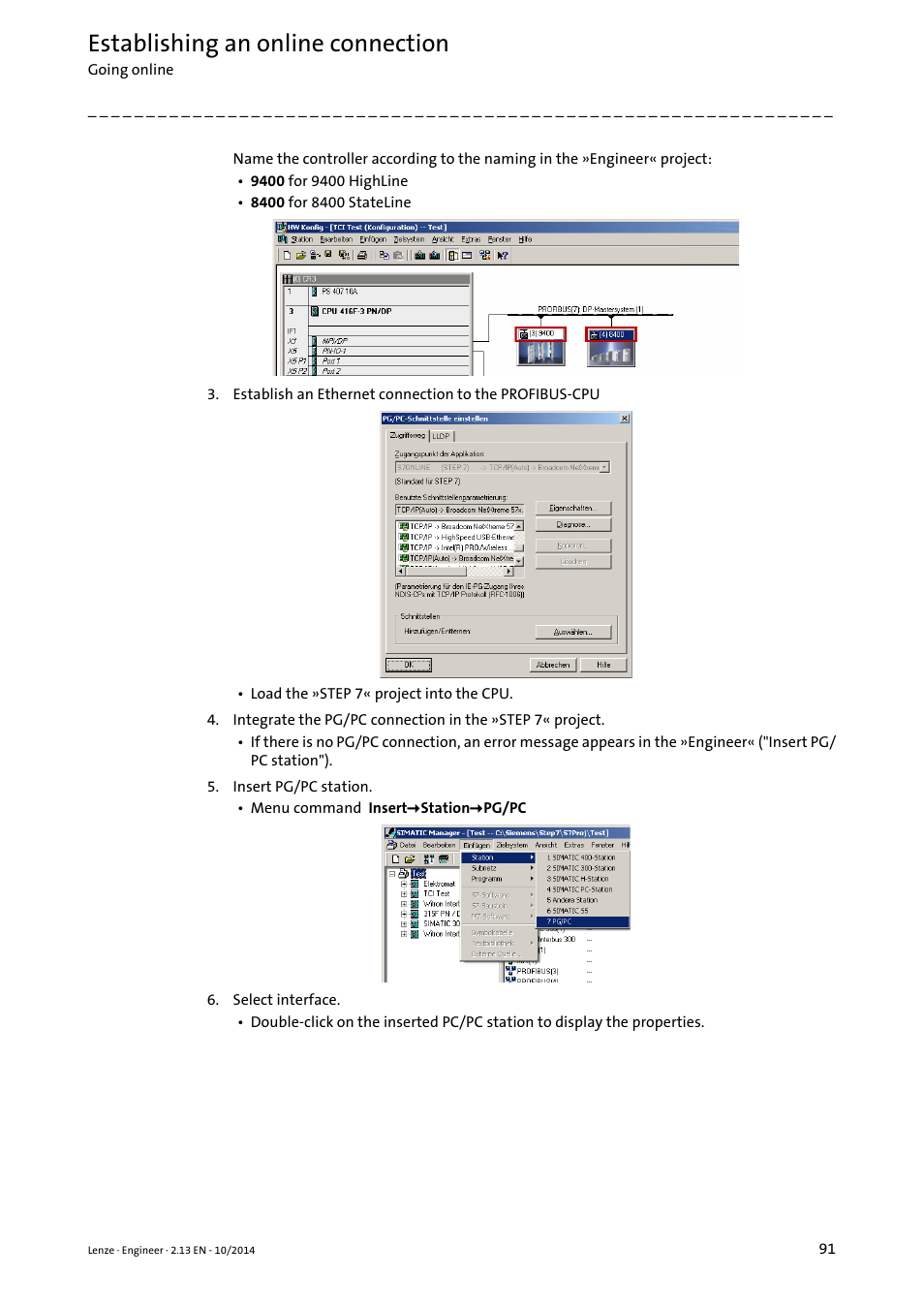 Establishing an online connection | Lenze Engineer v2.21 User Manual | Page 91 / 312