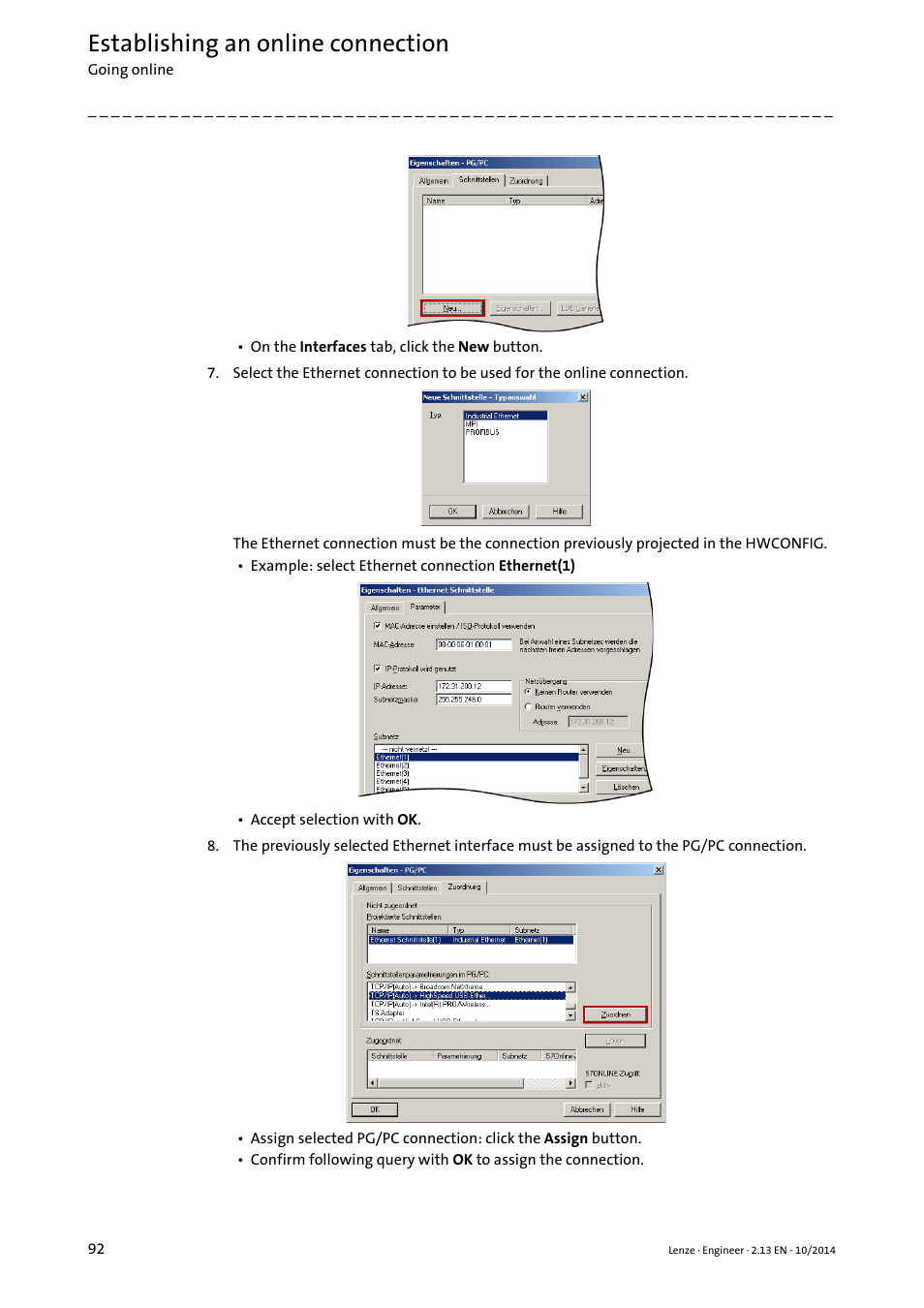 Establishing an online connection | Lenze Engineer v2.21 User Manual | Page 92 / 312