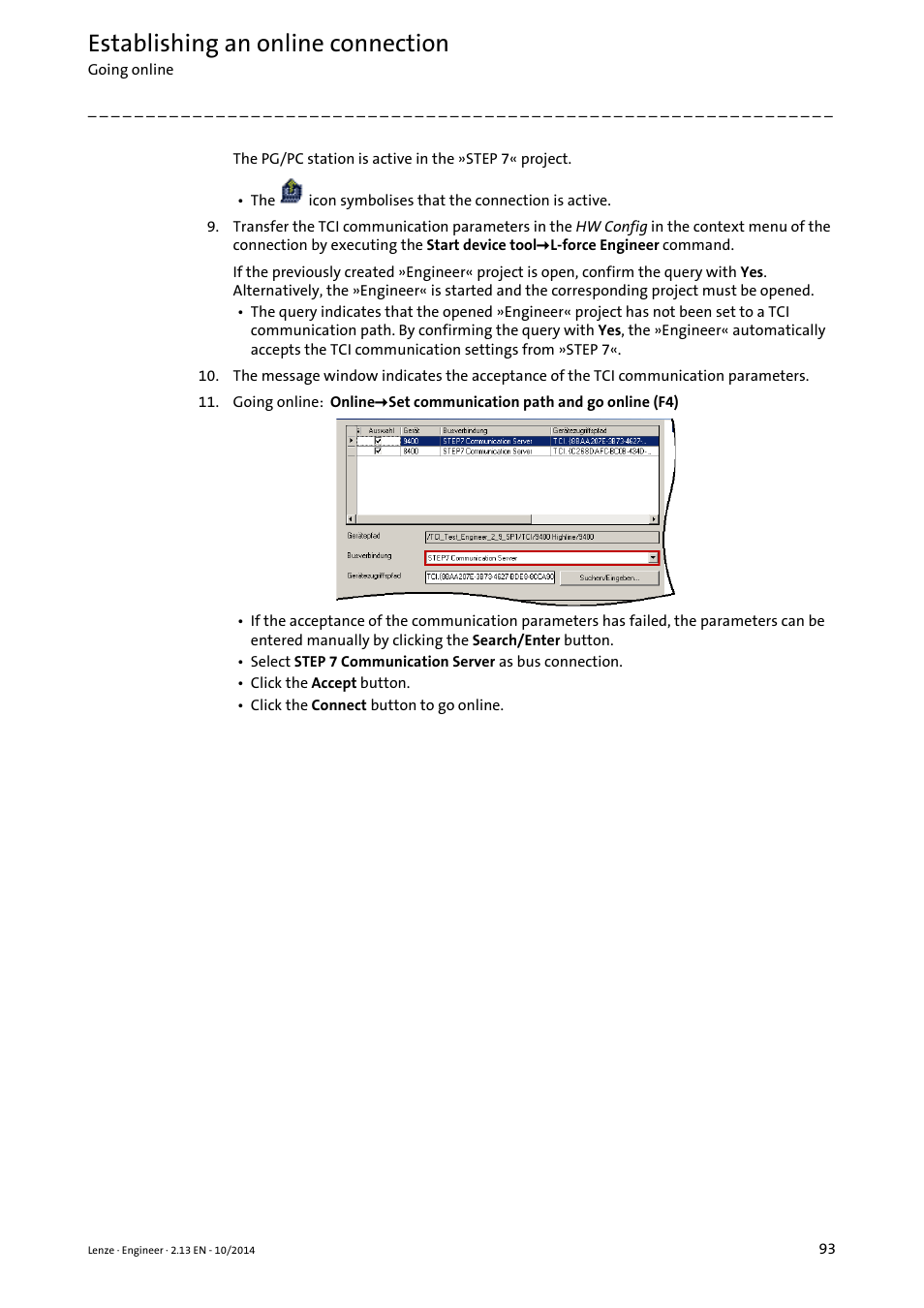 Establishing an online connection | Lenze Engineer v2.21 User Manual | Page 93 / 312