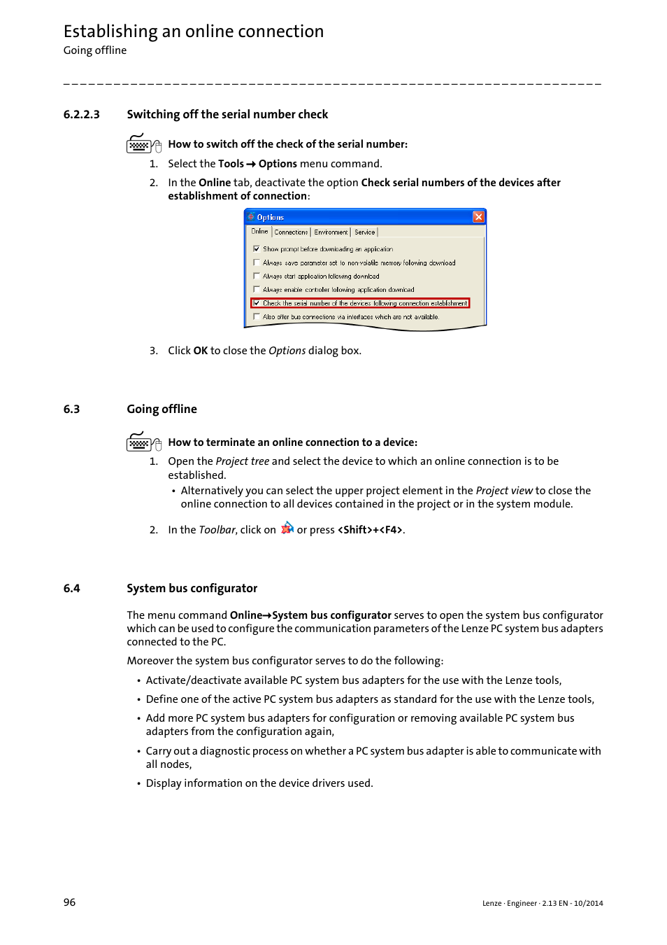 3 switching off the serial number check, 3 going offline, 4 system bus configurator | Switching off the serial number check, Going offline, System bus configurator, Going offline ( 96), Establishing an online connection | Lenze Engineer v2.21 User Manual | Page 96 / 312