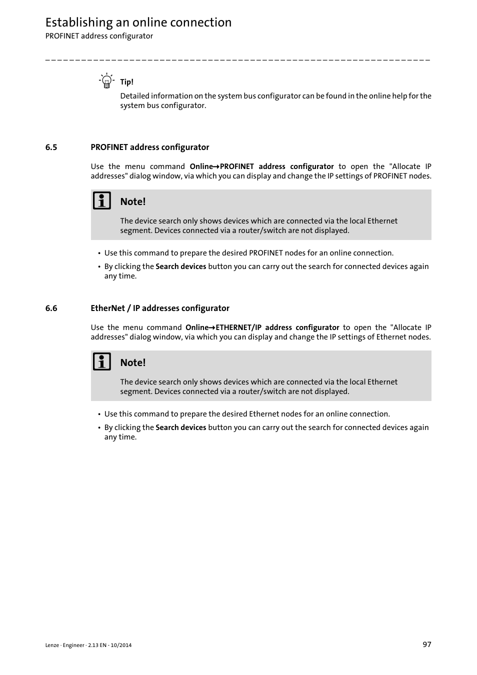 5 profinet address configurator, 6 ethernet / ip addresses configurator, Profinet address configurator | Ethernet / ip addresses configurator, Establishing an online connection | Lenze Engineer v2.21 User Manual | Page 97 / 312