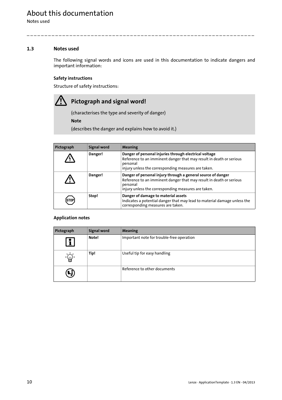 3 notes used, Notes used, About this documentation | Lenze PLC Designer ApplicationTemplate (PLC Designer R3-x) User Manual | Page 10 / 177