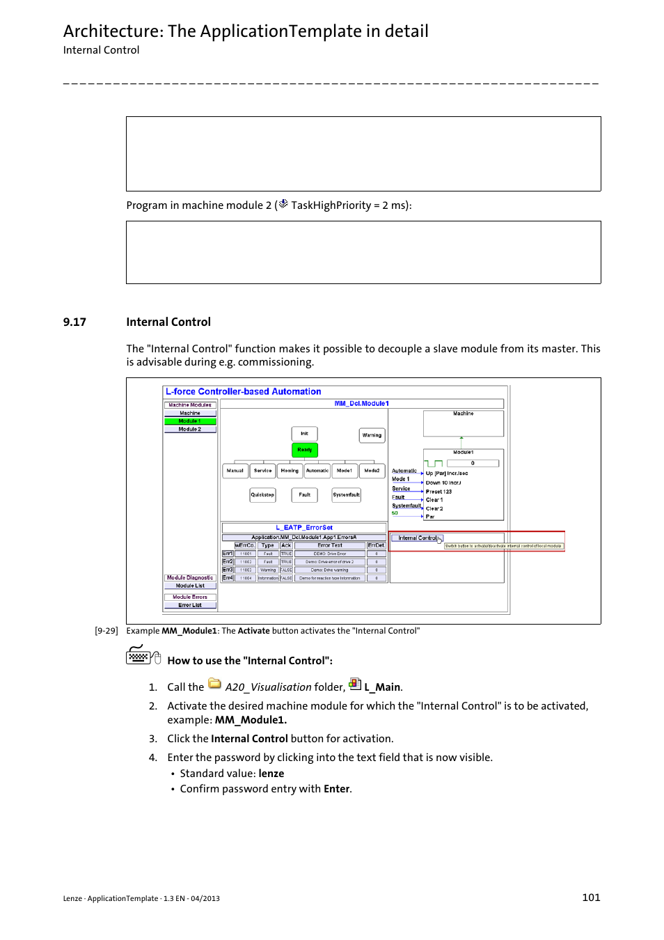 17 internal control, Internal control, Architecture: the applicationtemplate in detail | Lenze PLC Designer ApplicationTemplate (PLC Designer R3-x) User Manual | Page 101 / 177