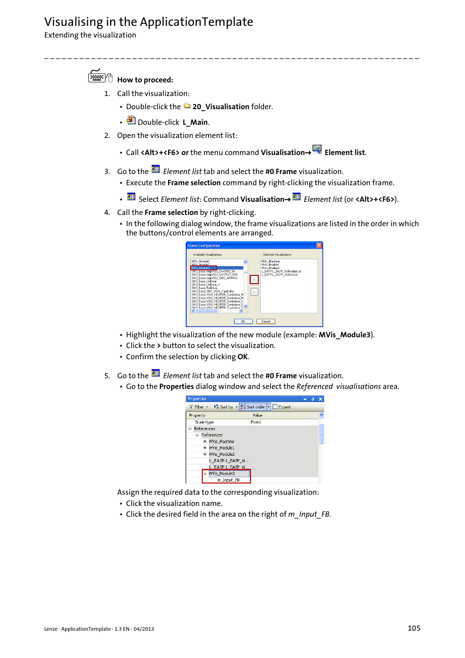 Visualising in the applicationtemplate | Lenze PLC Designer ApplicationTemplate (PLC Designer R3-x) User Manual | Page 105 / 177